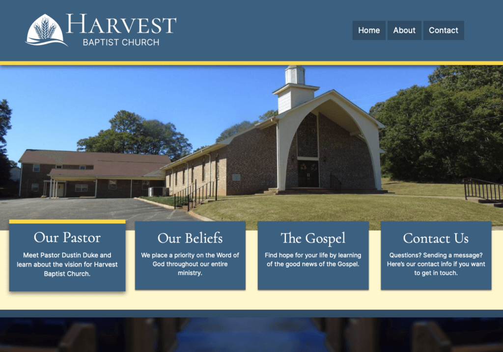 A screenshot of the website of Harvest Baptist Church in Spartanburg, SC